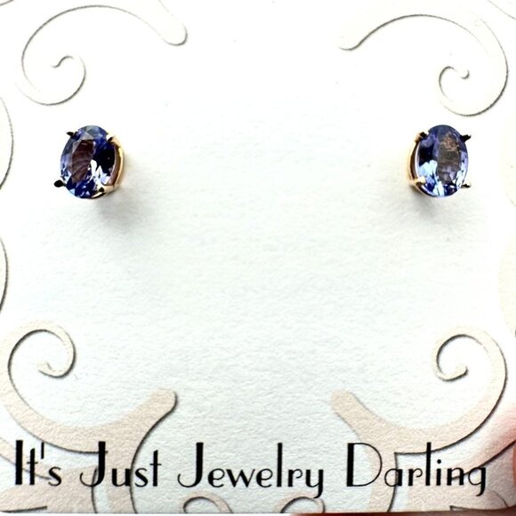 Womens Earrings 14K Yellow Gold Oval Amethyst Studs Pierced Gift Idea for Her - Picture 2 of 5